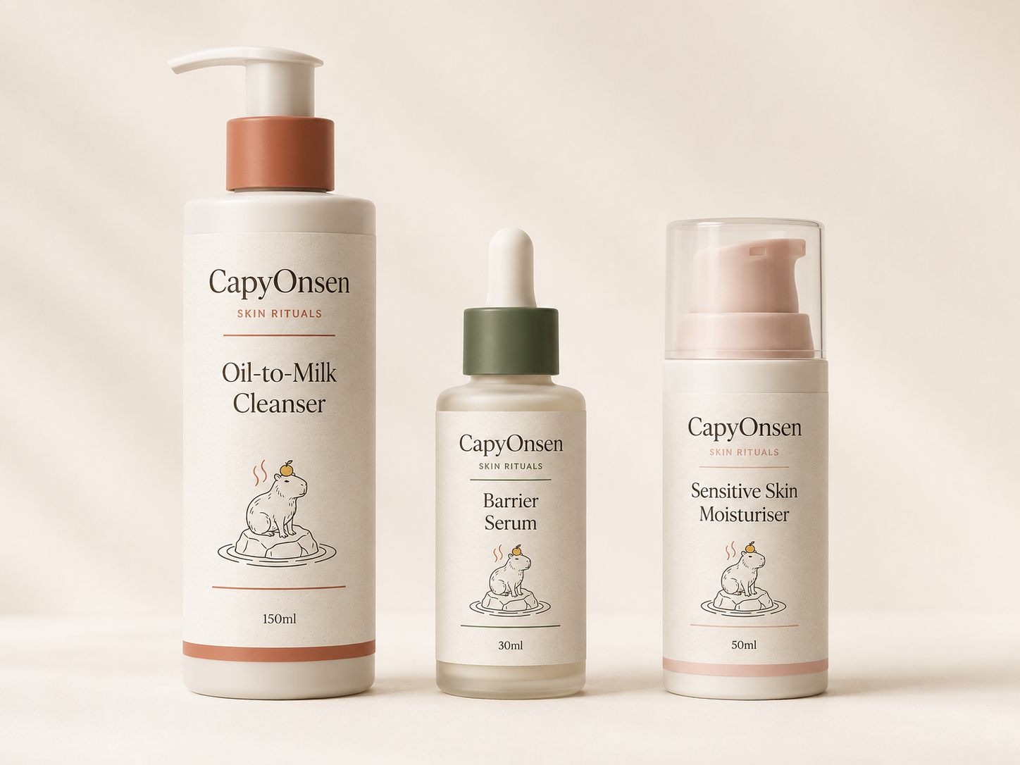 The three CapyOnsen products: Oil-to-Milk Cleanser, Barrier Serum and Sensitive Skin Moisturiser