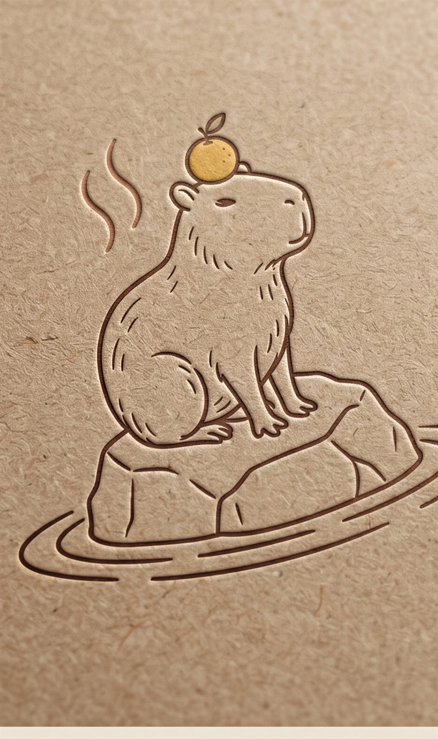 The CapyOnsen capybara mark embossed into warm kraft paper