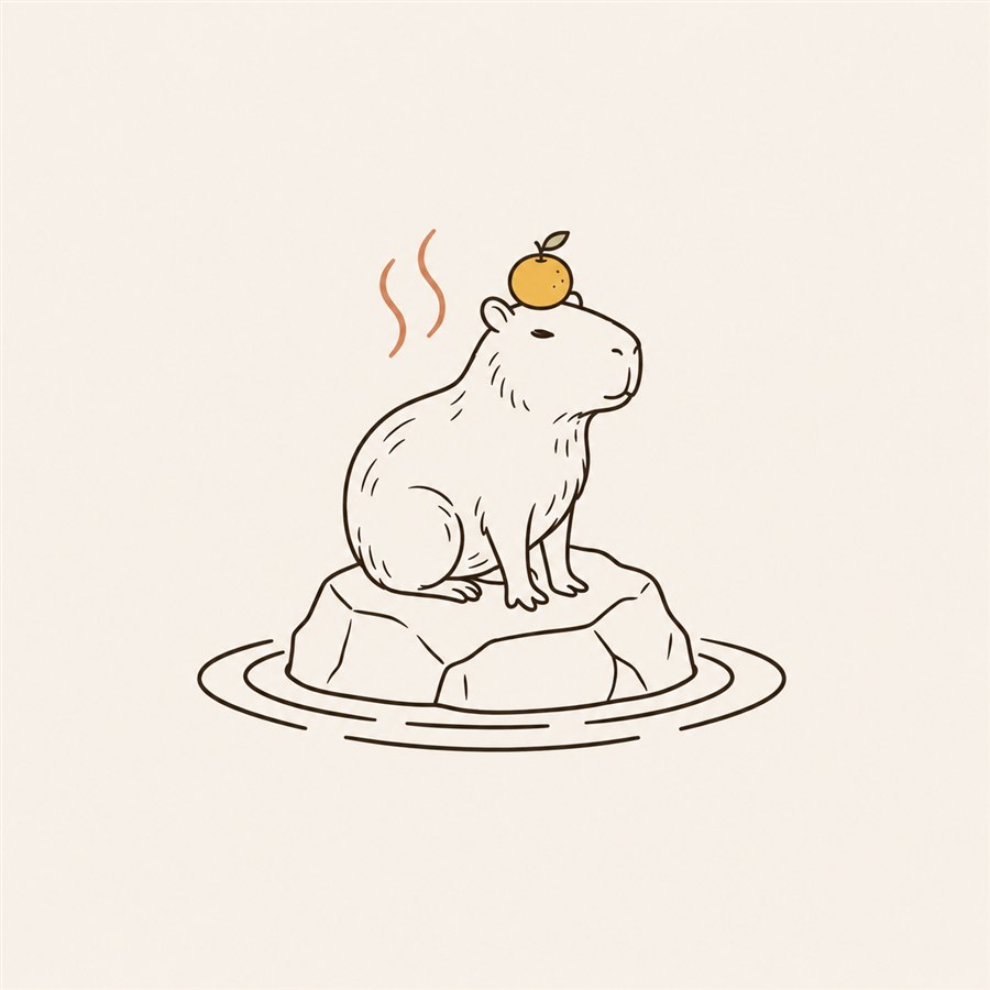 CapyOnsen mark: a serene capybara sitting on a rock in rippling water, steam rising, a yuzu fruit on its head