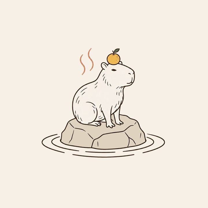 CapyOnsen mark: a serene capybara sitting on a rock in rippling water, steam rising, a yuzu fruit on its head