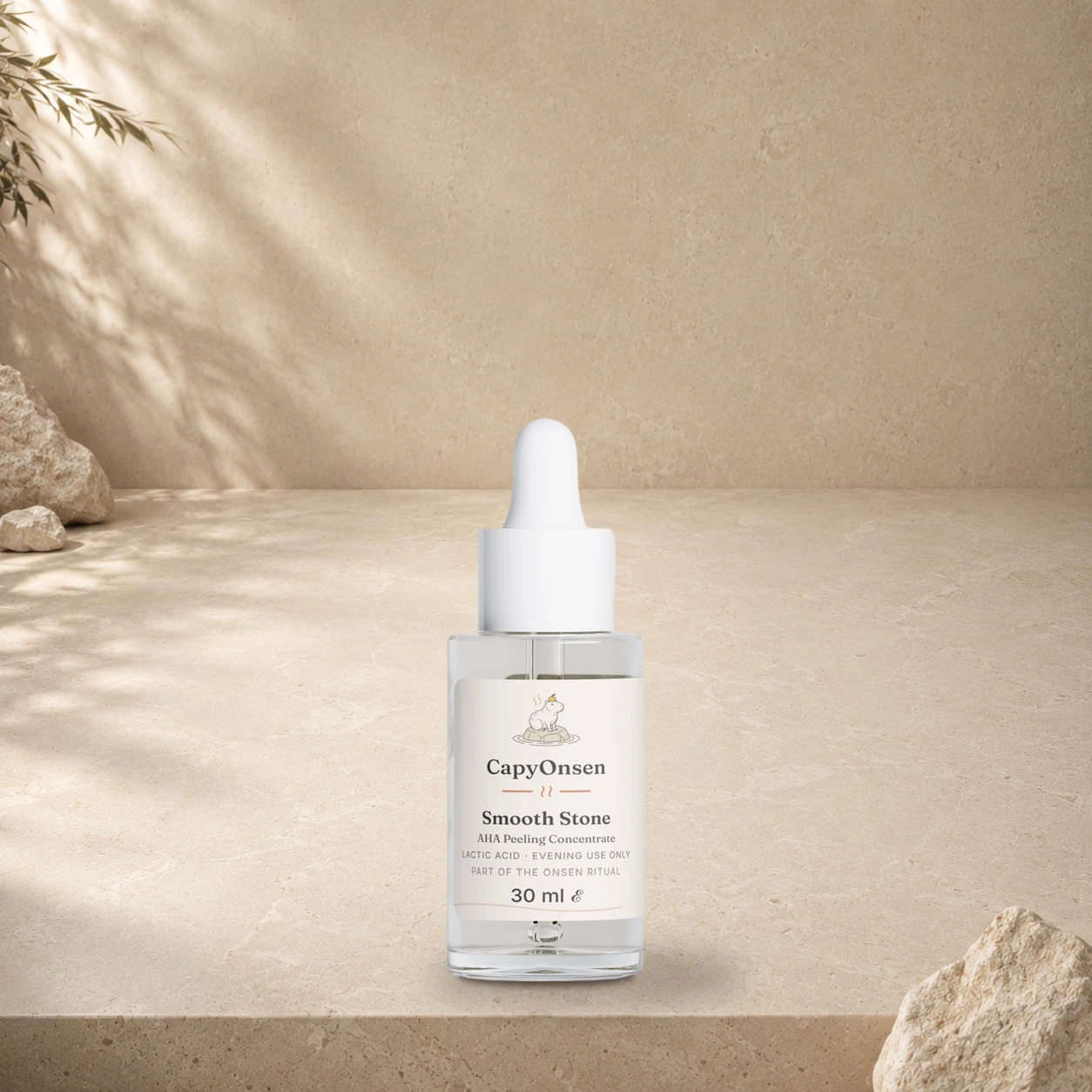 CapyOnsen AHA Peeling Concentrate, Smooth Stone, 30ml dropper bottle styled on a sunlit stone surface