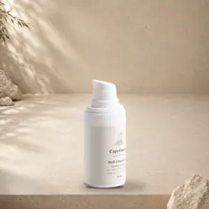 CapyOnsen Calming Eye Cream, Half-Closed Eyes, 15ml pump bottle styled on a sunlit stone surface