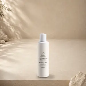 CapyOnsen Hydrating Toner, Morning Mist, 200ml bottle styled on a sunlit stone surface