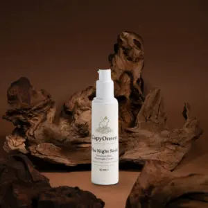 CapyOnsen Sensitive Skin Overnight Cream bottle styled among driftwood