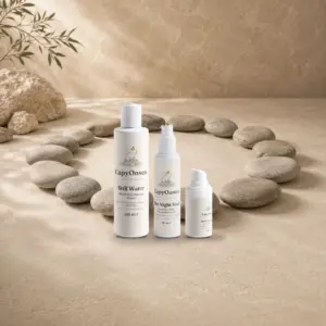 CapyOnsen Night Ritual Set: Micellar Cleansing Water (200ml), Sensitive Skin Overnight Cream (50ml) and Calming Eye Cream (15ml) bottles arranged inside a ring of smooth stones